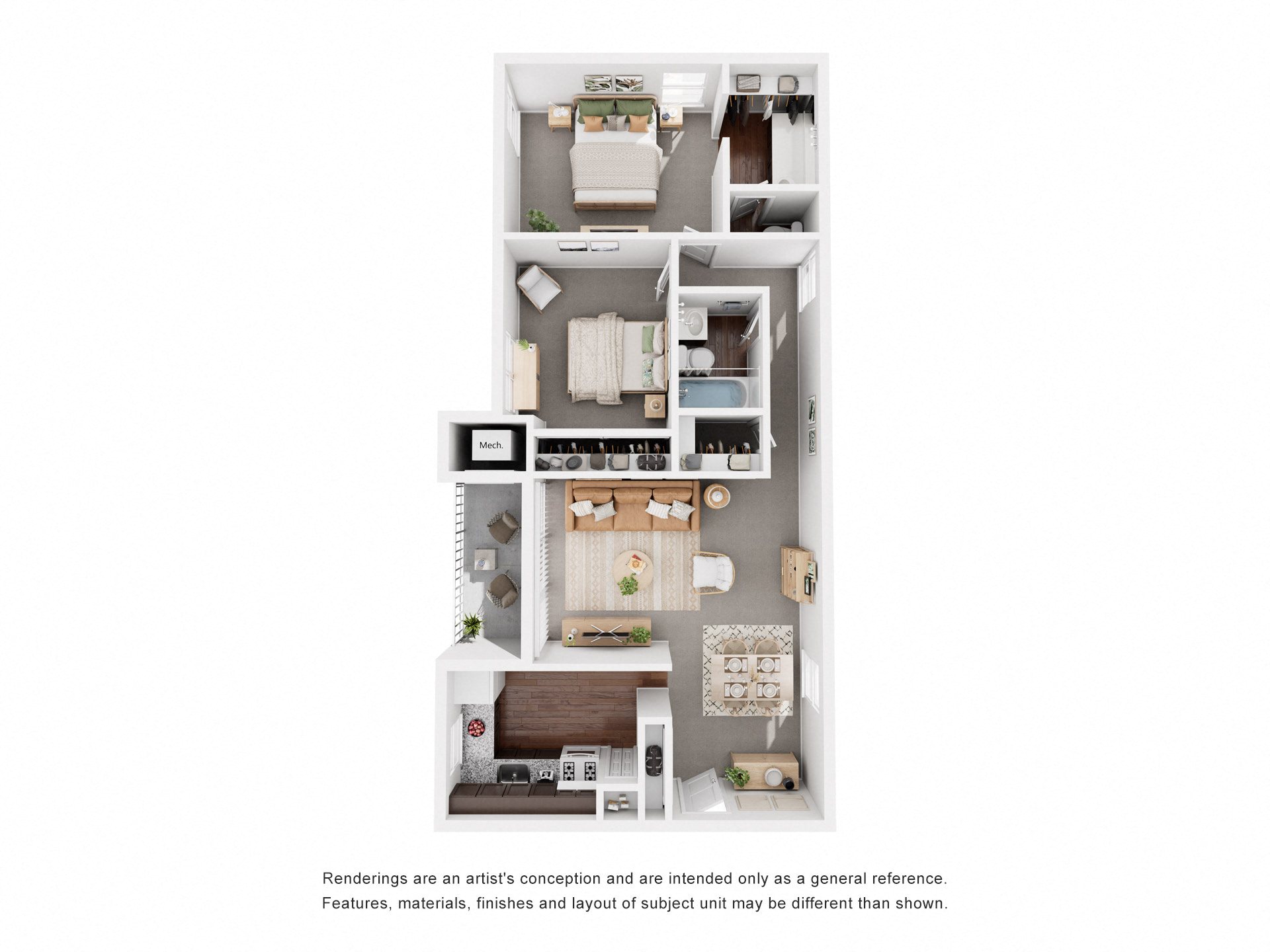 Floor plan for 2 beds, 1.5 baths, 785 sqft